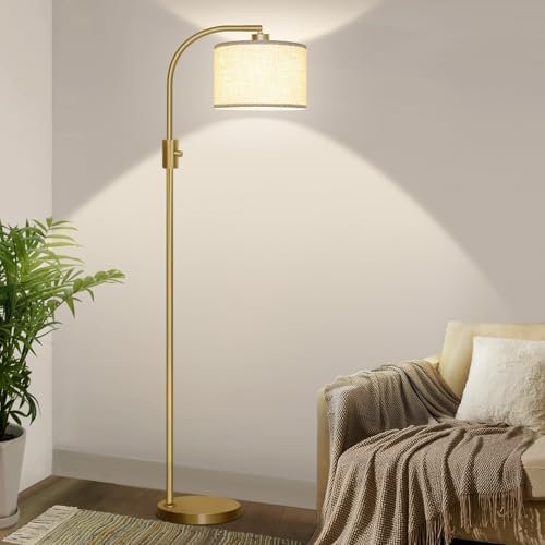 Upgraded Modern Arc Dimmable Tall Standing Floor Lamp with Linen Shade, 1200 Lumens LED Bulb Included, for Living & Reading Room, Bedroom, Office & Nursery, Gold