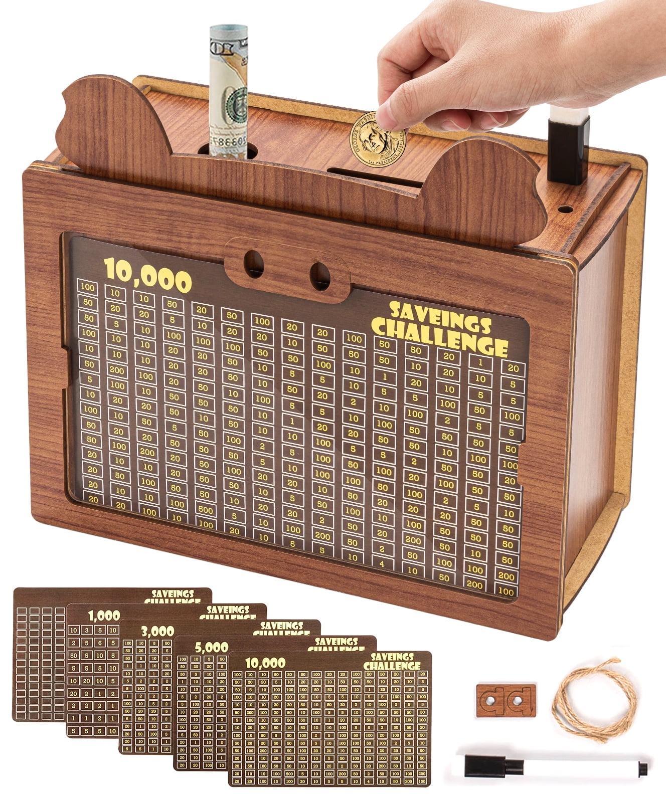 Wooden & Acrylic Combi Piggy Bank For Kids - Cute Money Saving Box With Transparent Panel, 9.1 Inches