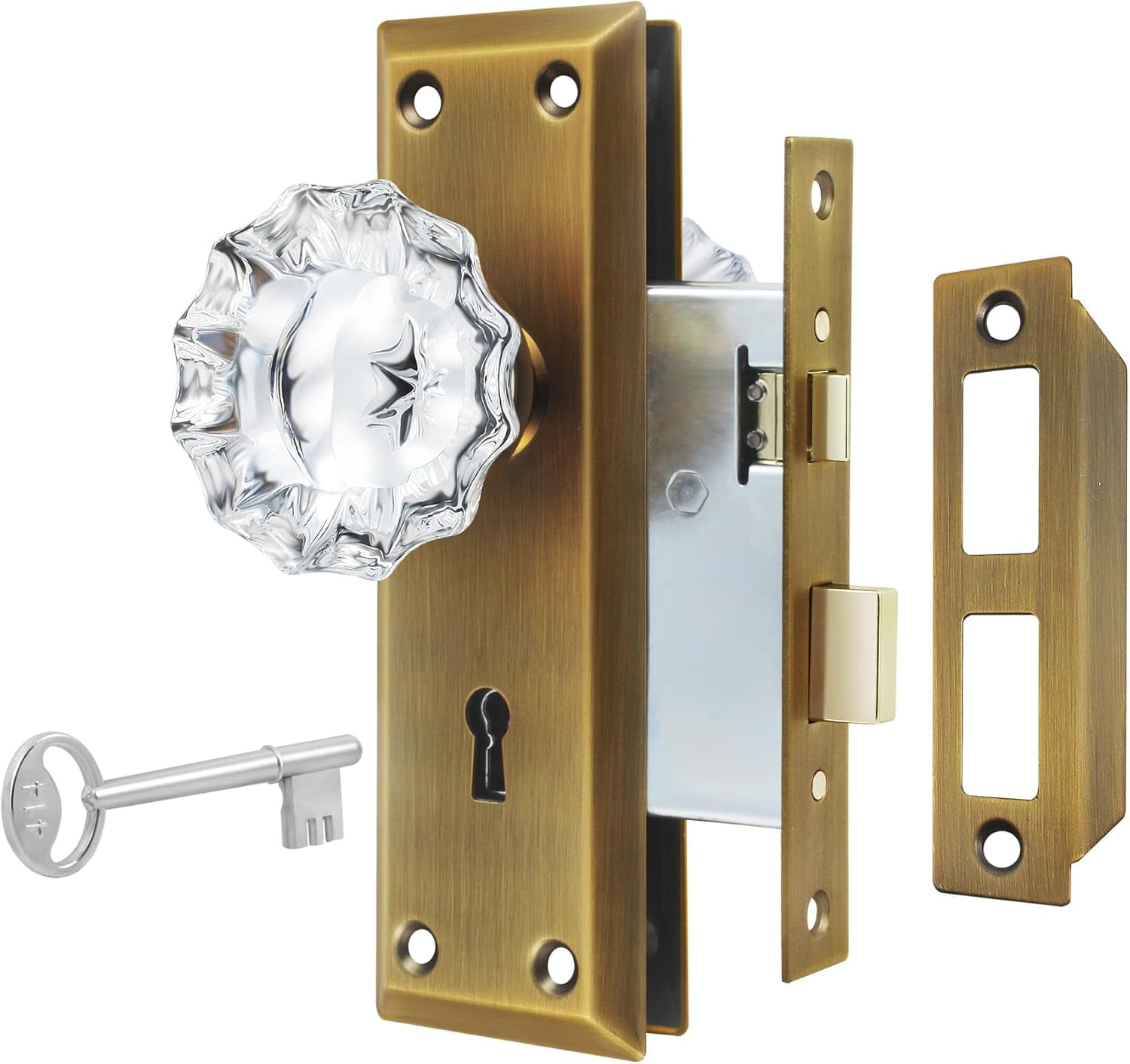 Upgraded Mortise Lock Set for Interior Door, Antique Brass Crystal Glass Door Knobs with Lock and Skeleton Key, Old Style Door Knobs Reversible for Left & Right Handed Door