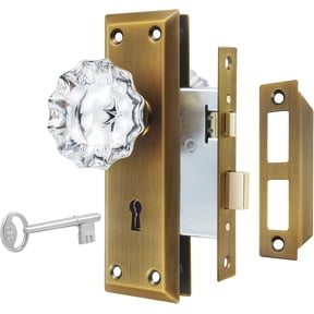 Upgraded Mortise Lock Set for Interior Door, Antique Brass Crystal Glass Door Knobs with Lock and Skeleton Key, Old Style Door Knobs Reversible for Left & Right Handed Door