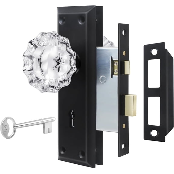 Upgraded Mortise Lock Set for Interior Door, Matte Black Vintage Style Crystal Glass Door Knobs with Lock and Skeleton Key, Old Style Door Knobs Reversible for Left & Right Handed Door
