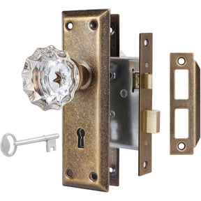 Upgraded Mortise Lock Set for Interior Door, Vintage Antique Brass Crystal Glass Door Knobs with Lock and Skeleton Key, Old Style Door Reversible for Left & Right Handed Door
