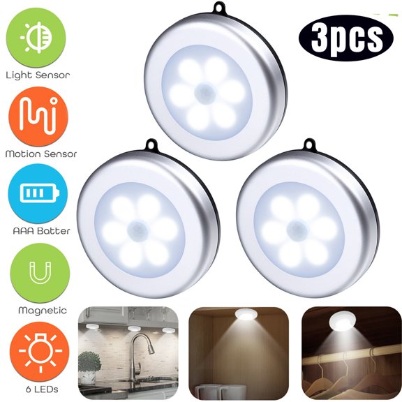 Upgraded Motion Sensor LED Night Light, Non-Fall Cordless Battery-Powered Wall Light, Stick-on Magnet Closet Lights, Safe Lights for Stairs, Hallway, Bathroom, Kitchen, Cabinet (Pack of 3, White)