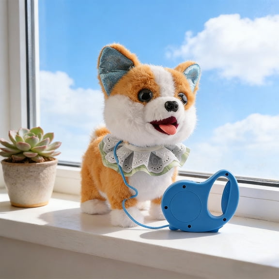 Upgraded Motorized Plushs Robot Dog Leash-Controlleds Tongue-Out Big-Eyes Pup Walks Bark And Head-Pat Reactions T