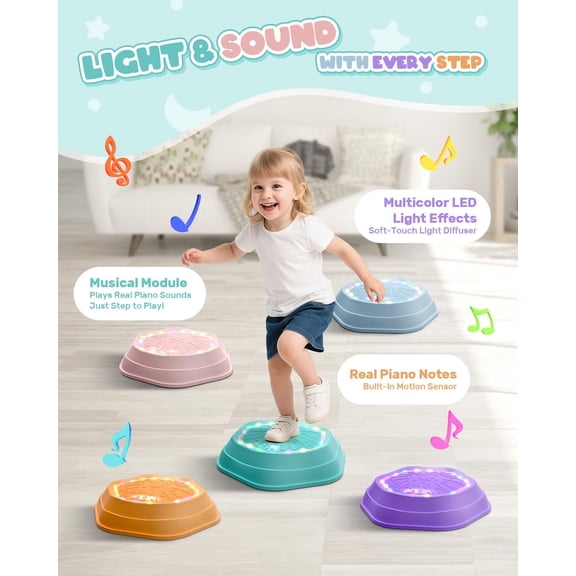 Upgraded Music Light-Up Stepping Stones for Kids, 5-Pack Sensory Balance Toys with Batteries, Non-Slip Design, for Ages 3–8, Ideal for Sensory Training, Indoor & Outdoor Play, Great Gift Idea
