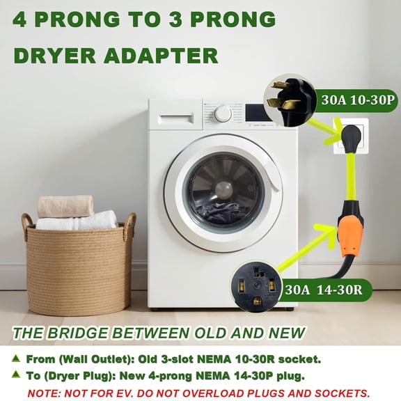 Upgraded NEMA 10-30P to 14-30R Dryer Plug Adapter, 4 Prong to 3 Prong Dryer Adapter, 3Connects Newer Electric Dryer to Older House Outlet, 30 Amp Dryer Plug Converter Adapter (1.5FT, ETL Listed)$$