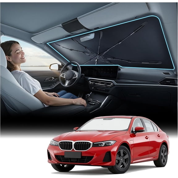[Upgraded] Nmoiss Windshield Sun Shade Umbrella - [Vinyl Coating Heat Shield] Protect Car from Sun Rays & Heat Damage Keep Cool and Protect Interior, Spring Structure Edge Medium 56" L x 31" W