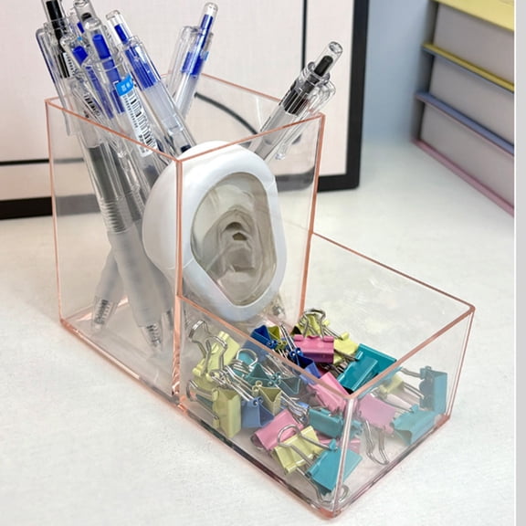 Upgraded Organized Two Grids Transparent Plastic Pen Holders Stationery Height Partitioned Arrange Storage Box For Desk And Office Supplies G