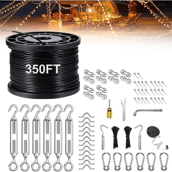 Upgraded Outdoor String Light Kit, 350ft Globe String Light Suspension Kit w/Expansion Hook, Stainless 304 String Light Guide Wire, Black Guy Wire kit for Wedding Dinner Barbecue