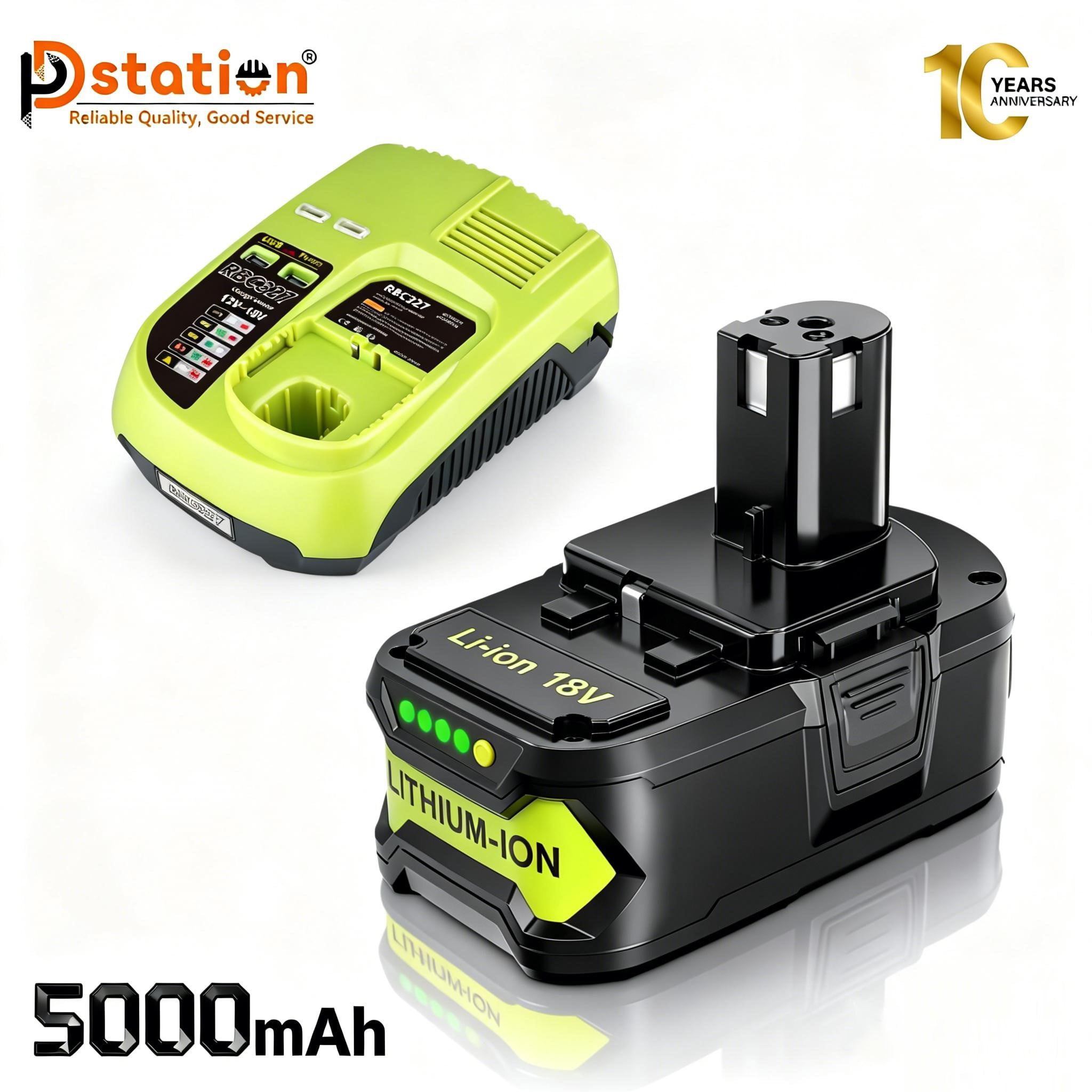 Upgraded P117B 12-18V 3A USB Rapid Charger + 5.0Ah 18V P108 RB18L50 Lithium Battery Combo Replace for Ryobi P109 P107 P102 P104 High Capacity Cordless Tool Batteries