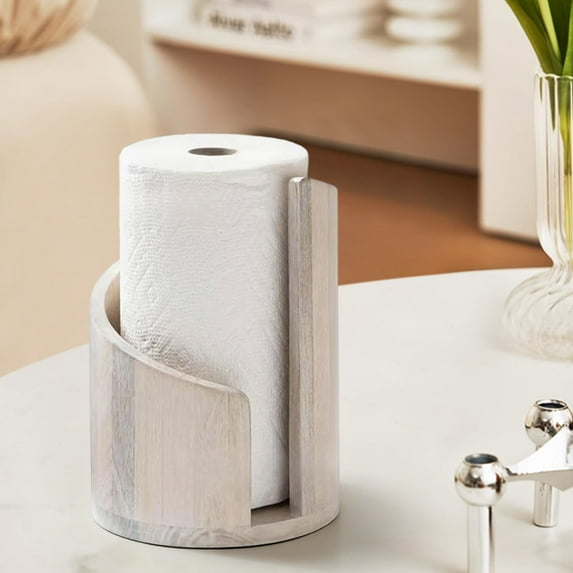 Upgraded Paper Towel Countertop With Wood Round Base And Iron Wood Paper Towel Holders Countertop One-Handed For Kitchen Bath L
