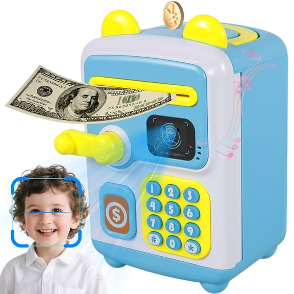 【Upgraded】 Piggy Bank, Face ID Password Unlocking Electronic Kids Bank ATM Security Unlocking Cash Coin Bank Toys Gifts for Kids, Coin Bank for Kid Above 3 Year Old Girl Boy