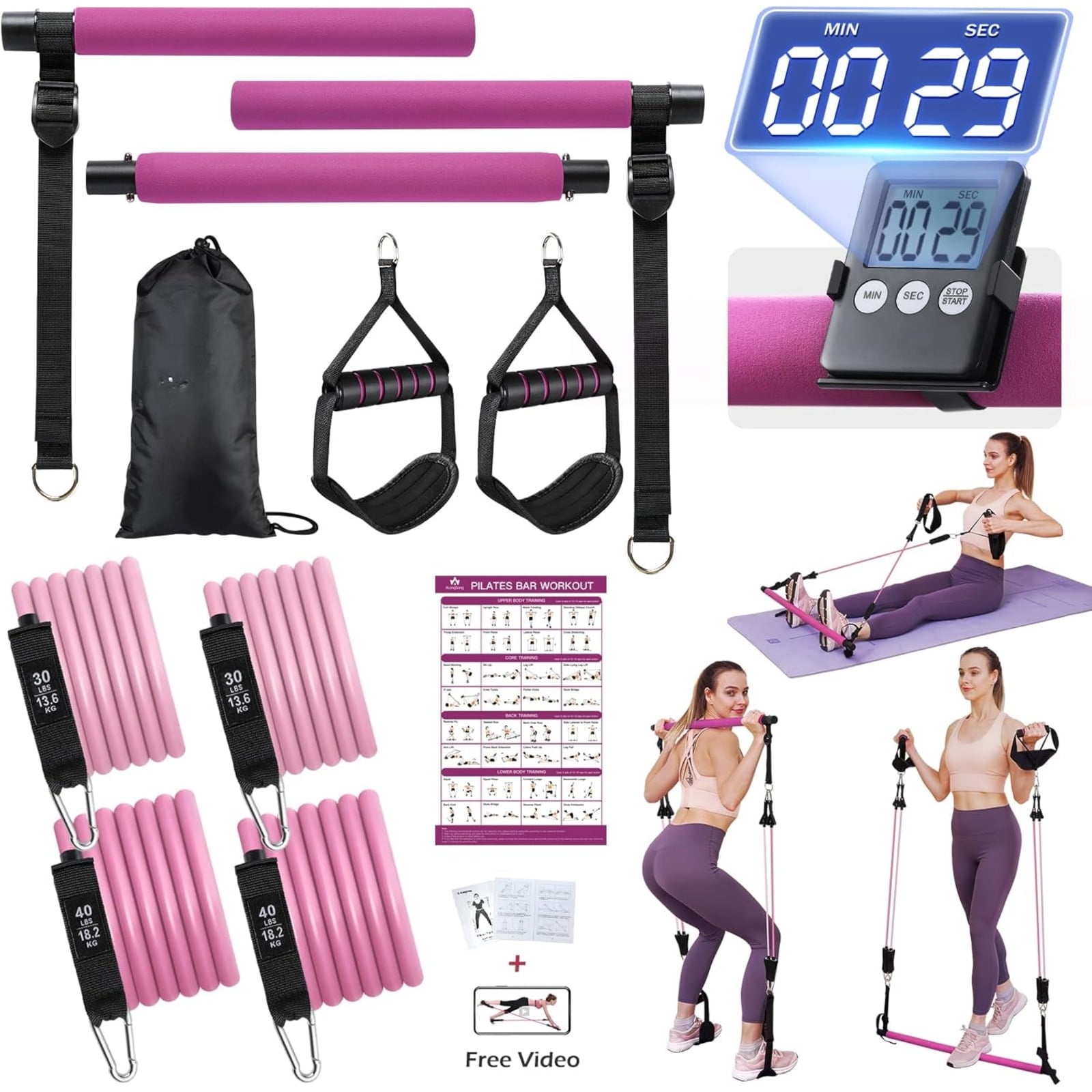 Barre Pilates Avec 2 Bandes De Résistance – Rose/noir – Pour Renforcer Dos, Jambes, Abdos – Facile à Transporter