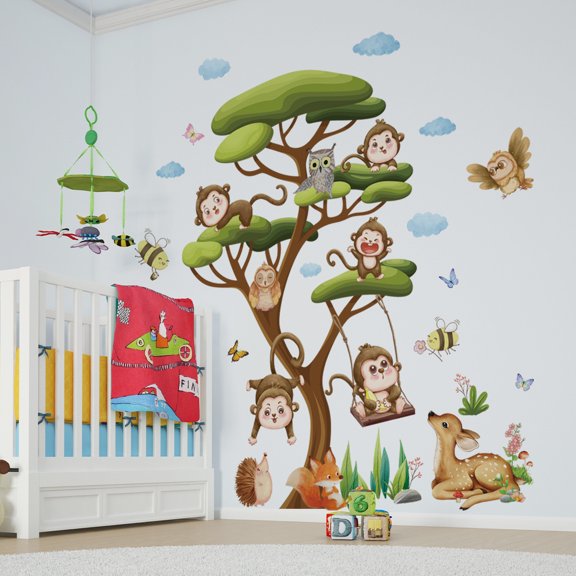 Upgraded Playful Monkey Owl Forest Tree Wall Sticker Children's Room Kindergarten Decoration Removable And Colorful For Kids' Spaces R