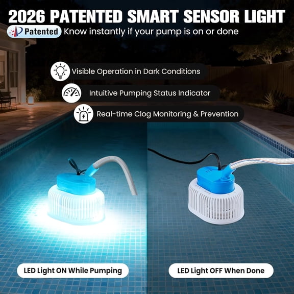 Upgraded Pool Cover Pump Above Ground - Submersible Water Sump Pump with LED Lights, Pool Cover Water Removal Pumps for Pool Draining with 16FT Drainage Hose & 25FT Power Cord, 850 GPH, 4 Adapters