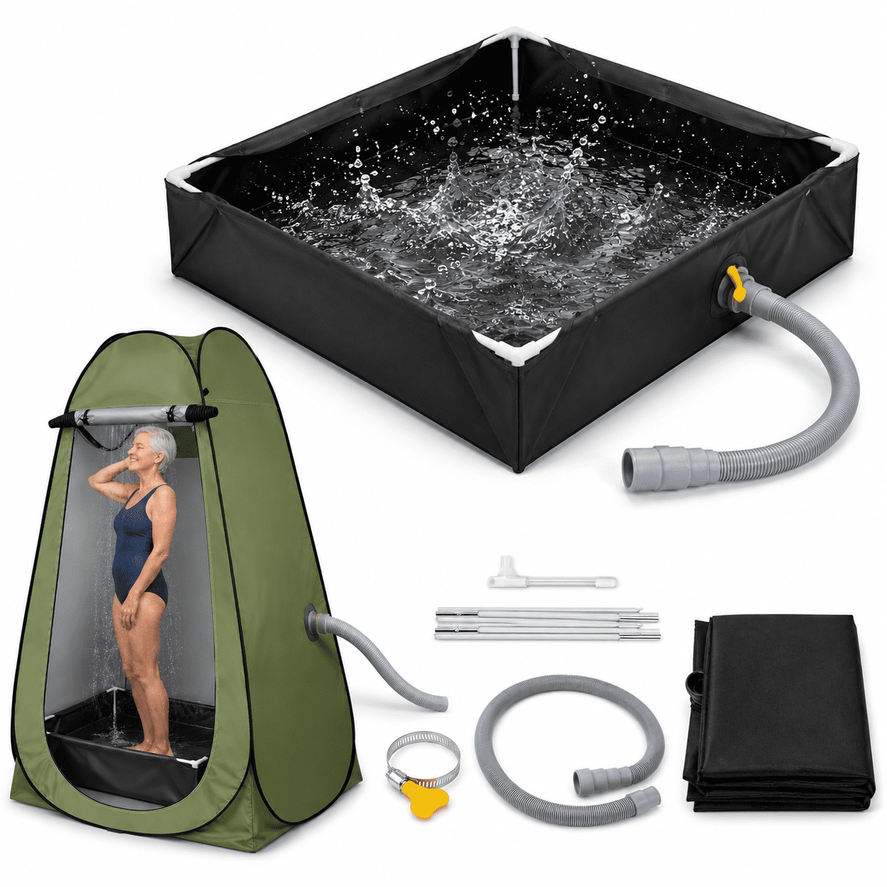 Moveable Piping Upgraded Portable Shower Pan 39x39x6 Foldable Camping Base with Drain ...