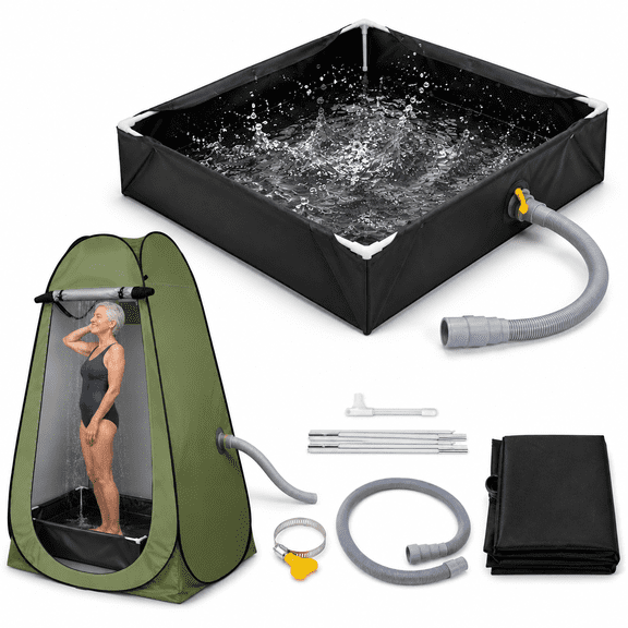 Upgraded Portable Shower Pan 39x39x6 Foldable Camping Base with Drain Pipe