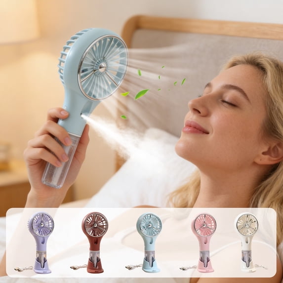 Upgraded Portable Spray Handheld Fan, USB Rechargeable, 3‑Speed Cooling with Water Mist, Desktop Base, for Commute Office Camping, 5.71"x2.79"x2.52" Brown
