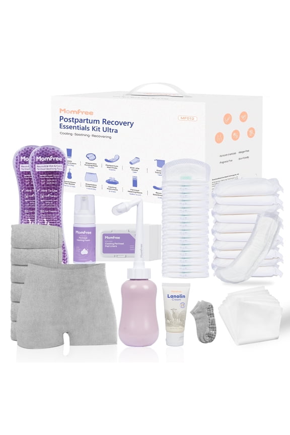 Upgraded Postpartum Essentials Recovery Kit for Women, Complete Post Partum Care Set with Peri Bottle, Disposable Underwear, Maxi Pads, Nursing Pads, Soothing Pads, Perineal Healing Foam & More