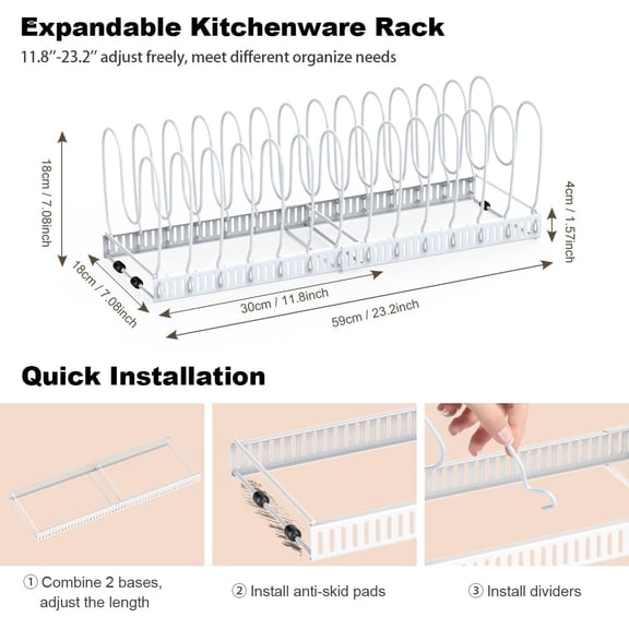 Upgraded Pot and Pan Organizer Rack for Cabinet, White, 14 Adjustable Dividers, Expandable Storage for Kitchen
