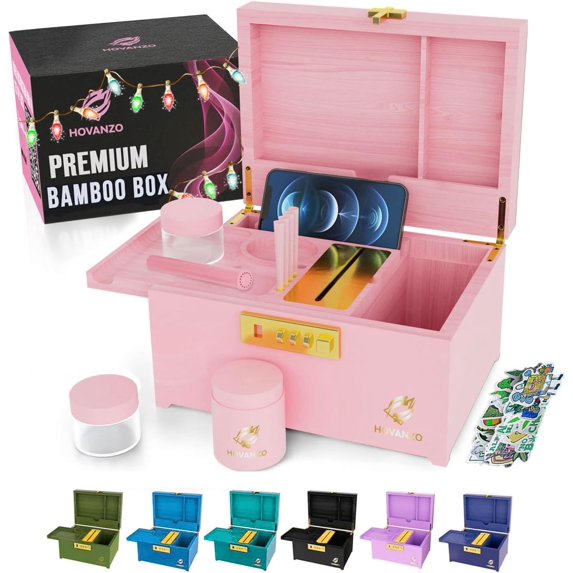 Upgraded Premium Large Bamboo Box - Locking Storage Decorative Box with Combination Lock - Wood Lock Box with lid - Wooden Locking Storage Box with Removable Tray and Jars (PINK)