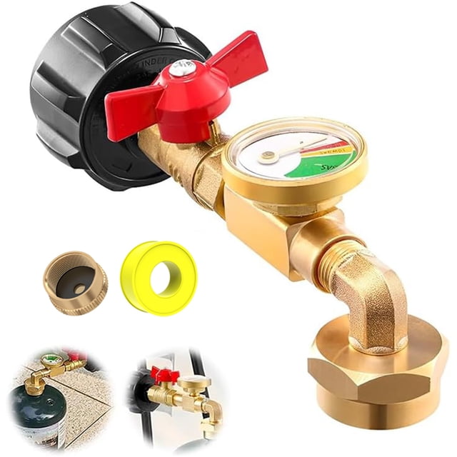 Upgraded Propane Refill Elbow Adapter with Tank Gauge, 2026 New Fill 1 Pound Bottles from 20lb Tank, 1 lb Throwaway Disposable Cylinder Propane Bottle Connector