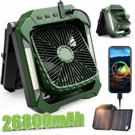 Veubew Camping Fan with LED Lantern, 26800mAh Portable Rechargeable Outdoor Fan with 18W Detachable Solar Panel, Battery Powered Desk Fan for Travel, Hiking, Fishing, Picnic, Green