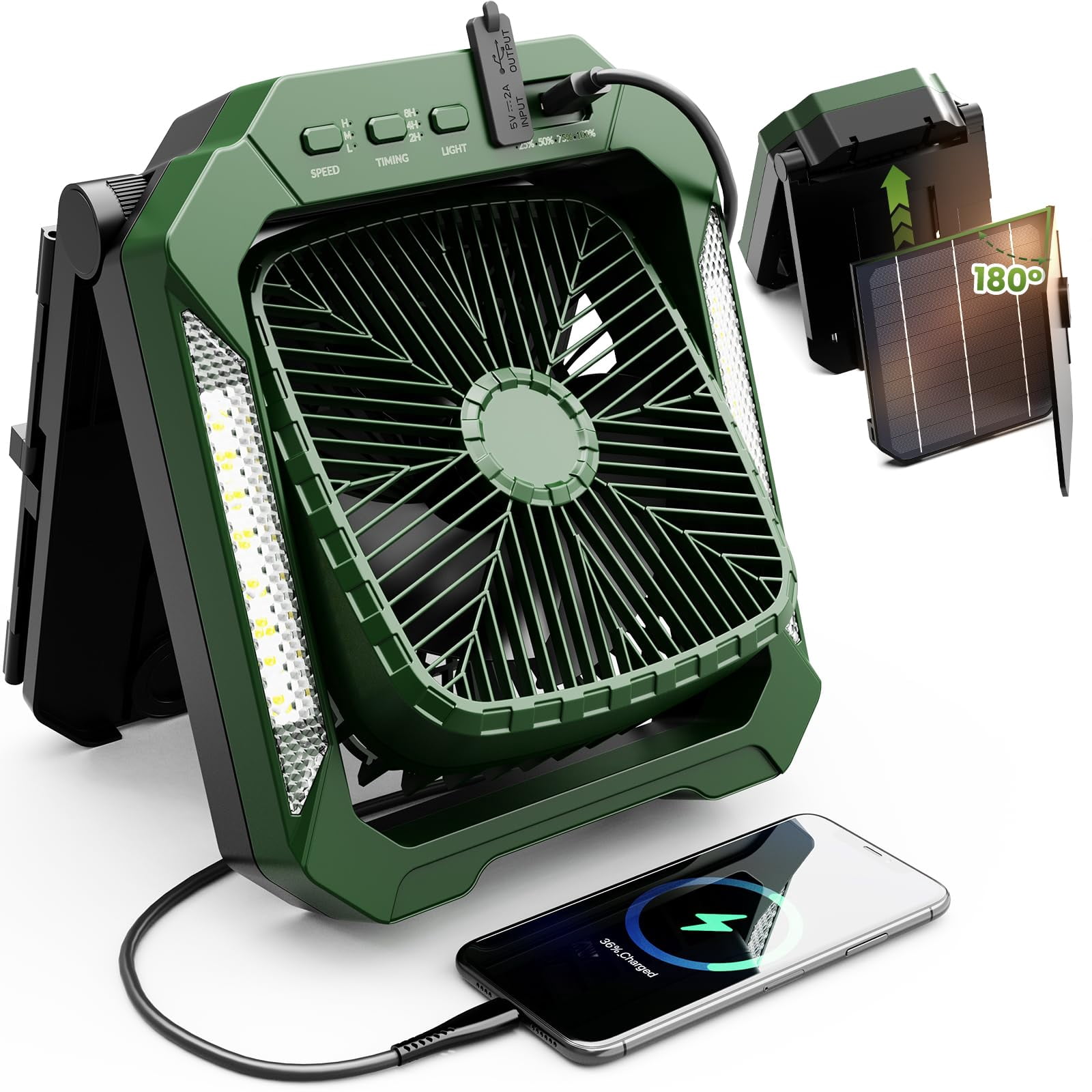 Veubew Camping Fan with LED Lantern, 26800mAh Portable Rechargeable Outdoor Fan with 18W Detachable Solar Panel, Battery Powered Desk Fan for Travel, Hiking, Fishing, Picnic, Green