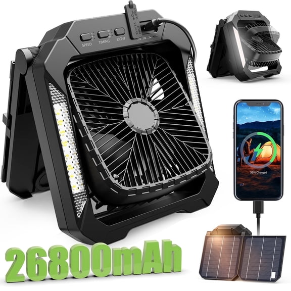 Veubew Camping Fan with LED Lantern, 26800mAh Portable Rechargeable Outdoor Fan with 18W Detachable Solar Panel, Battery Powered Desk Fan for Travel, Hiking, Fishing, Picnic, Black