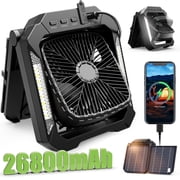 Veubew Camping Fan with LED Lantern, 26800mAh Portable Rechargeable Outdoor Fan with 18W Detachable Solar Panel, Battery Powered Desk Fan for Travel, Hiking, Fishing, Picnic, Black