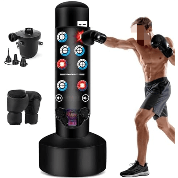 Upgraded Punching Bag for Adults with Interactive Boxing Music Mat, 69'' Boxing Bag with Scoring, Light, Music Pad, Boxing Gloves and Electric Air Pump, Kickboxing Bags for Beginners Training MMA