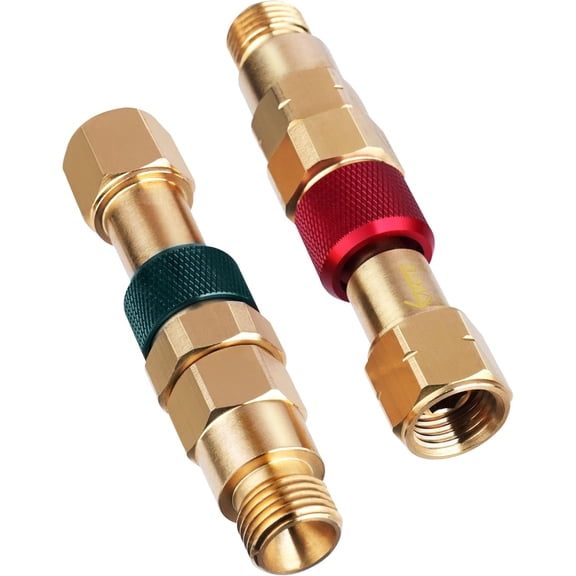 Upgraded QDB10 Torch to Hose Quick Connect Set, With Check Valves. Brass construction color coded for safety (oxy/green, fuel/red).