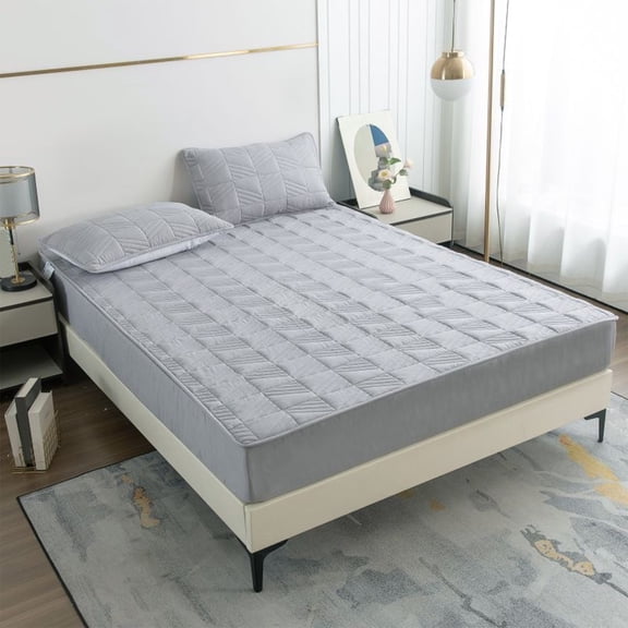 Upgraded Quilted fitted sheet made of washed cottons solid color skines-friendly breathable non-slide thickened and dirt-proof bed cover suitable for home use I