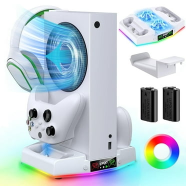 Upgraded RGB Cooling Fan Charging Station for Xbox Series S Console & Controller,Dual Charger Dock and Cooler System Stand with 15 Colorful Light Modes Accessories with 2*1400mAH Rechargeable Battery