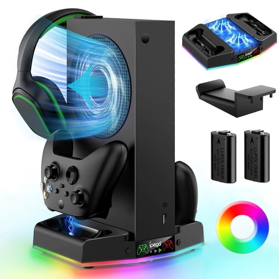Upgraded RGB Cooling Fan Charging Station for Xbox Series S Console & Controller,Dual Charger Dock and Cooler System Stand with 15 Colorful Light Modes Accessories with 2*1400mAH Rechargeable Battery