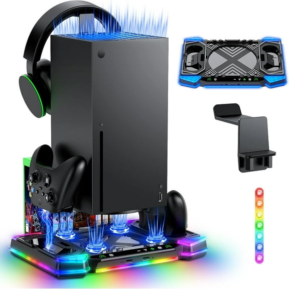 Upgraded RGB Cooling Fan Stand for Xbox Series X with Controller Charger : Accessories for Xbox X Console, Dual Charging Dock & Cooler System Station,with 11 Light Modes & Headset Hook
