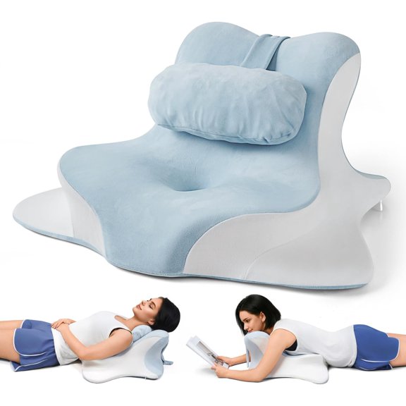 Upgraded Reading Pillow for Bed, Lying, Stretching for Spine Alignment w Extra Neck Pillow- Cushiony Ergonomic Bed Wedge Cervical Traction Device for Neck&Shoulder Relax-Blue