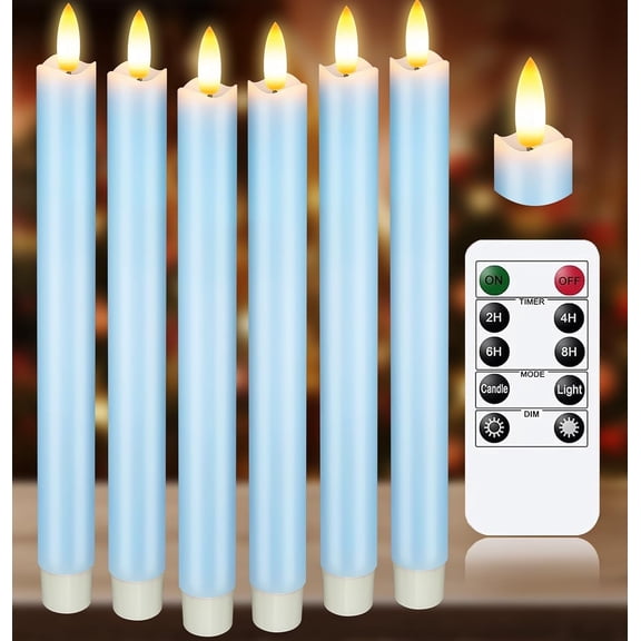 Upgraded Real Wax LED Flameless Light Blue Taper Candles with Remote, 6 PCS Candlesticks Battery Operated 3D Flickering - 9.6" Long Realistic Fake Candle Sticks for Home/Wedding/Xmas Decor