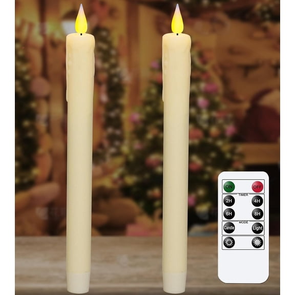 Upgraded Real Wax LED Flameless Taper Candles with Remote, 2 PCS Ivory Dripping Candlesticks Battery Operated 3D Flickering - 9.6" Long Realistic Fake Candle Sticks for Home/Wedding/Xmas Decor