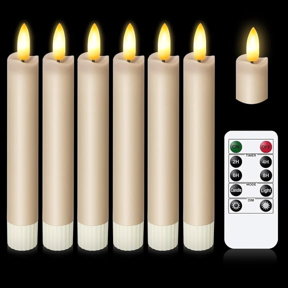 Upgraded Real Wax Short LED Flameless Taupe Taper Candles with Remote, 6 PCS Candlesticks Battery Operated 3D Flickering- 6" Realistic Fake Candle Sticks for Home/Wedding/Fireplace Xmas Decor