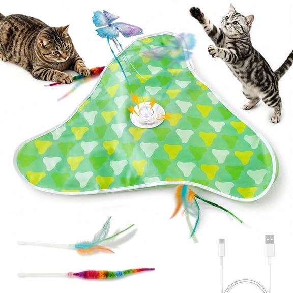 Upgraded Rechargeable 3-in-1 Interactive Cat Toy Mat Hide & Seek with Fluttering Butterfly, Moving Concealed Feathers & Kitten Wand Touch-Activated Self-Play for Indoor Bored Kittens ( Green