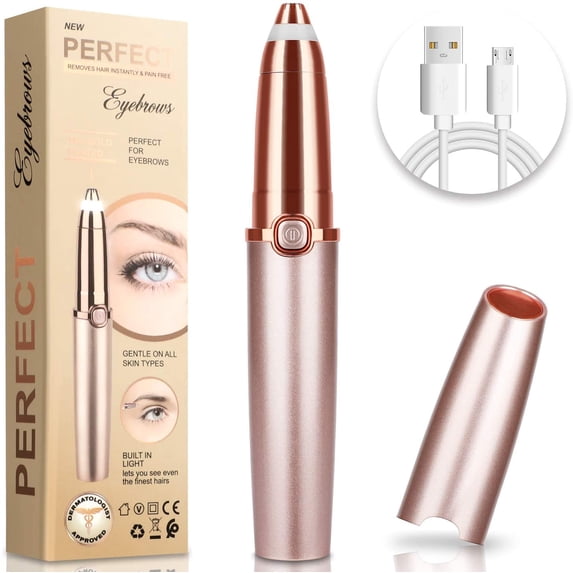 Upgraded | Rechargeable Eyebrow trimmer for women & men, Painless & Portable & Precision Electric Trimmer with LED Light, Eyebrow Hair Remover, Eyebrow Razor | Rose Gold