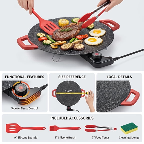 Upgraded Red Ear electric Grill Pan, Non-Stick & Fast Heating, smart Temp CONTROL, Heat-Resistant Handle, Easy Clean Indoor/Outdoor Multi-Functional Frying Pan