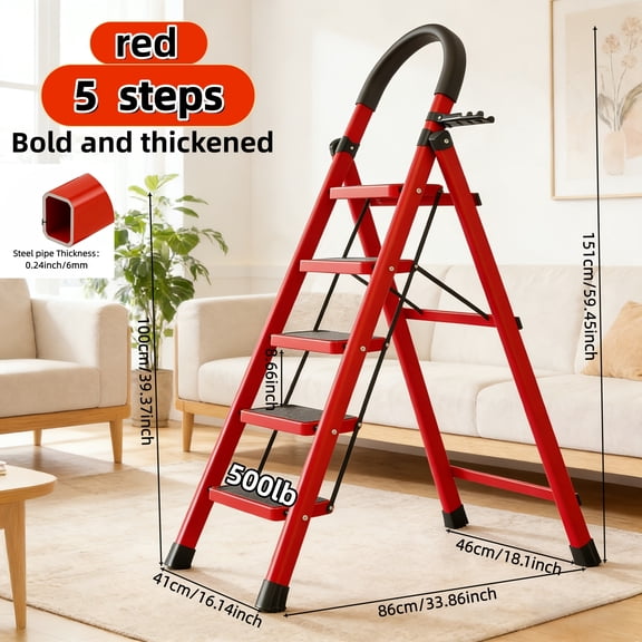 Upgraded Reinforced 2 3 4 5-Step Folding Step Ladder, 500LBS Capacity Heavy-Duty Wide Base Portable Metal Ladder for Home, RV, Outdoor Office