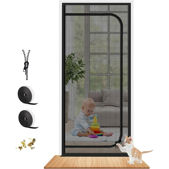 Upgraded Reinforced Pet Screen Door Thickened Cat Resistant Mesh Screen Door for Living Room, Bedroom, Patio, Dog Cat Scratch Proof Screen with Zipper Closure (Fits Door Size up to 36''x 82'', Black)