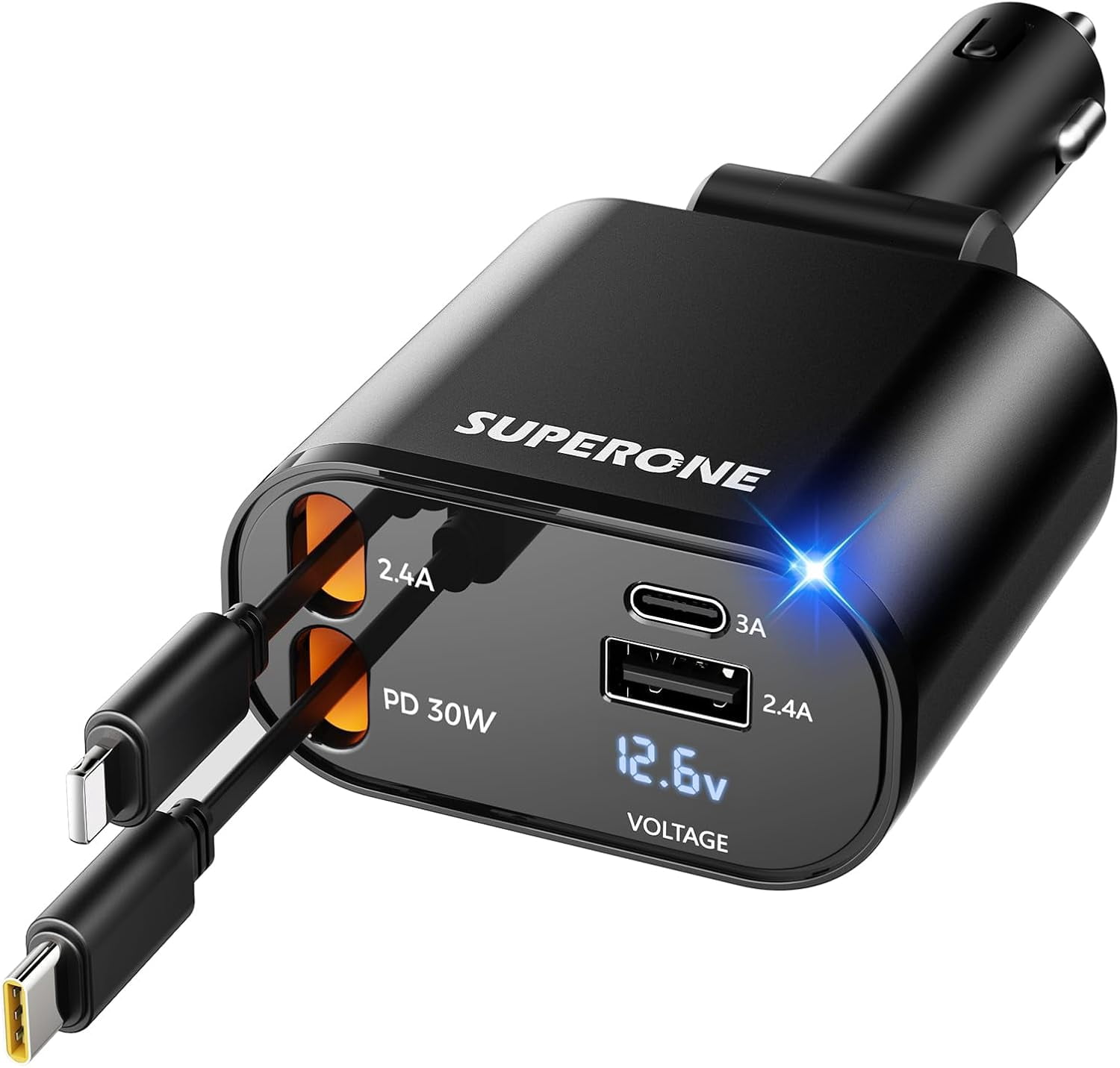 Upgraded] Retractable Car Charger 4 in 1, Fast Car Phone Charger with Cord 2.6ft, USB C and Apple Car Adapter, Compatible with iPhone 17 16 15/15 Pro Max/14/13/12/11, Galaxy, Pixel