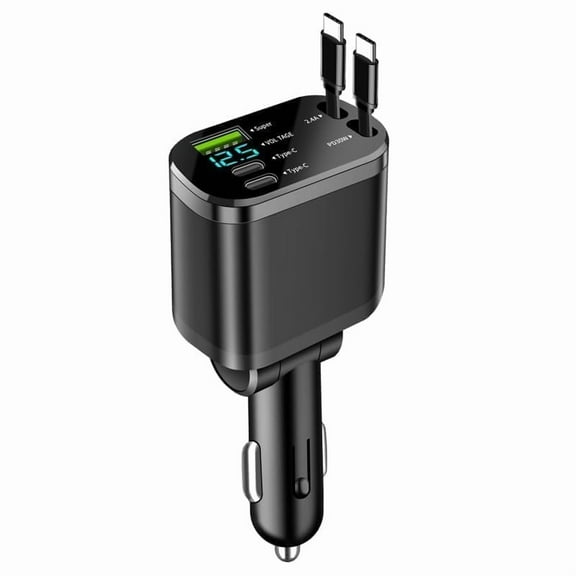 Upgraded] Retractable Car Charger 5 in 1, 69W Fast Charging with 2X Retractable Cords [Type-C], 2X Type-C & 1X Type-A Port for iPhone 16/15/14/13/12, Samsung, and More  Black