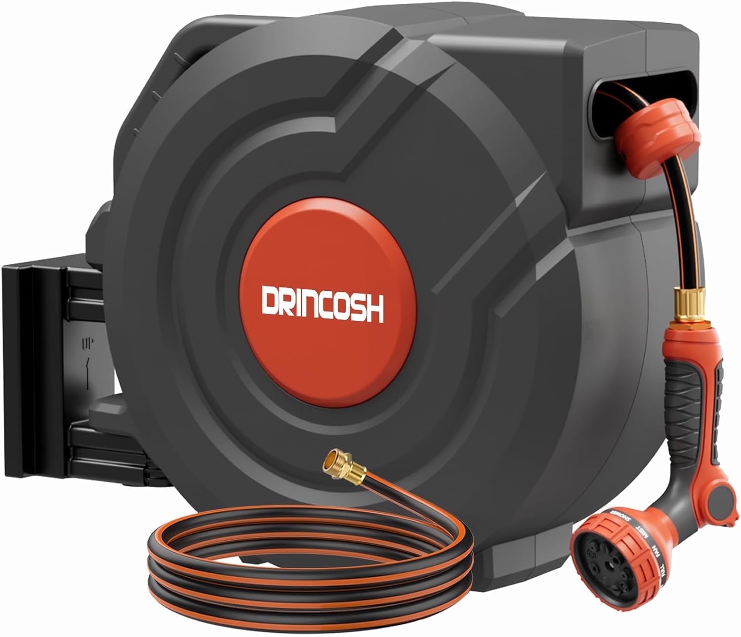 DRINCOSH Retractable Garden Hose Reel  ，5/8 in 90 ft Heavy Duty Wall-Mounted ，180°Swivel Automatic Slow Return Any Length Lock ，9 Pattern Nozzle UV Resistant