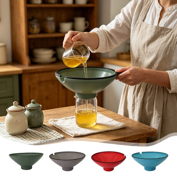 Upgraded Reusable Kitchen Oil Filter Funnel, Fine Mesh Grease Separator Strainer, Food‑Safe Plastic, for Frying Cooking, 9.06" x 9.06" x 4.06" Red