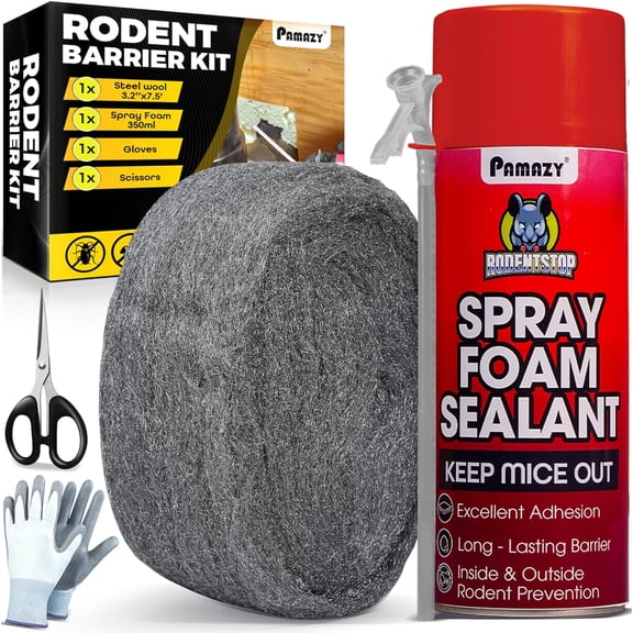 [Upgraded] Rodent Barrier Kit, Steel Wool Included PU Spray Foam Hole Filler for Mice Control 3.2"x7.5 Fill Fabric, Gloves, Scissors,Gap Blocker in Pipeline Vent House, Garage